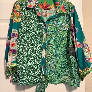 John Mark Multicolor Floral and Leaf Print Blouse